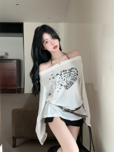 Actual shot ~ Lazy and simple characteristic printed thin see-through long-sleeved blouse T-shirt fashionable hot girl slanted shoulder versatile top