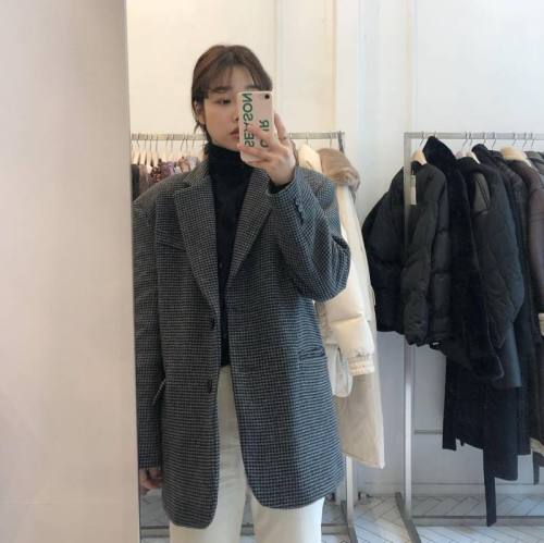 Korean chic autumn and winter retro suit collar tie waist cardigan loose houndstooth woolen jacket women#