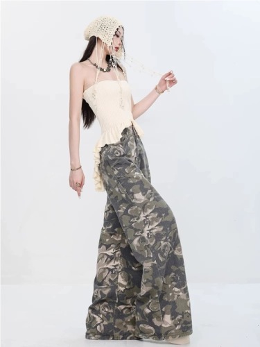 American Retro Camouflage Denim Wide Leg Pants Women's 2024 Summer New Loose Slim Versatile Casual Floor-Mopping Pants Thin