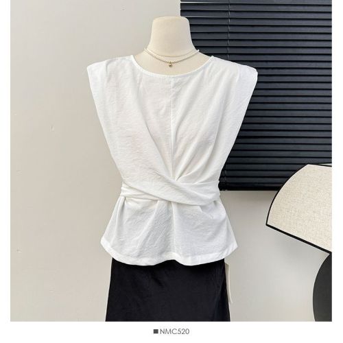 Temperament lace-up waist slimming sleeveless vest for women summer niche design pleated top