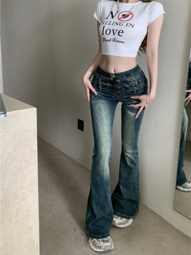 Real shot!  American retro jeans for women with design wide belt and decorative hottie bell bottoms