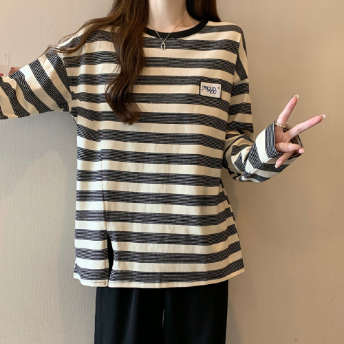 Real shot of pure cotton striped sweatshirt for women in spring and autumn thin trendy round neck long-sleeved T-shirt tops for women plus size 200 pounds