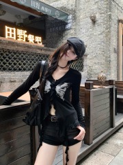 Actual shot~Autumn new hot girl butterfly print ribbon T-shirt slim slim long-sleeved waist top for women