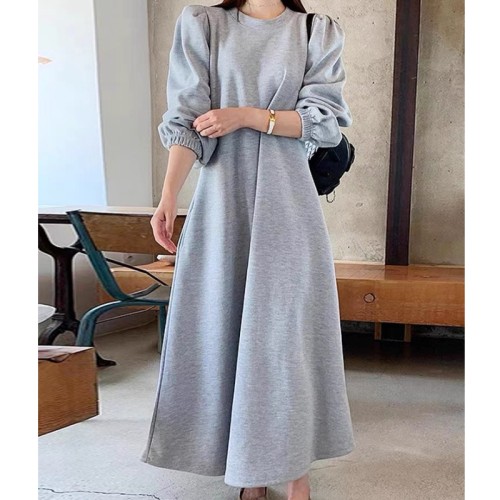 Korean chic autumn minimalist round neck double pocket waist slimming puff sleeve long sweatshirt dress...