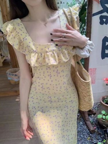 French retro floral dress mid-length elegant ladylike square neck ruffle skirt women's summer over-the-knee long skirt