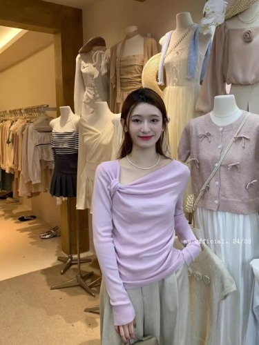 2024 spring and autumn new smocked irregular design niche thin knitted sweater women's long-sleeved top