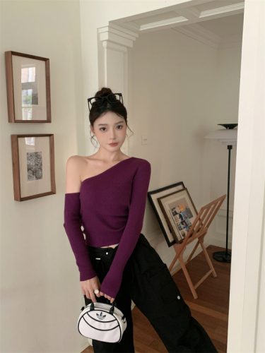 Real shot of chic design with sloping shoulders, slim fit, purple sweater, base layer, knitted top