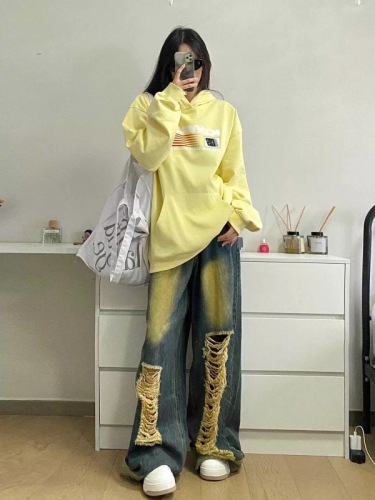 American retro washed distressed ripped jeans for women, high street, loose and slim, straight wide-leg floor-length trousers