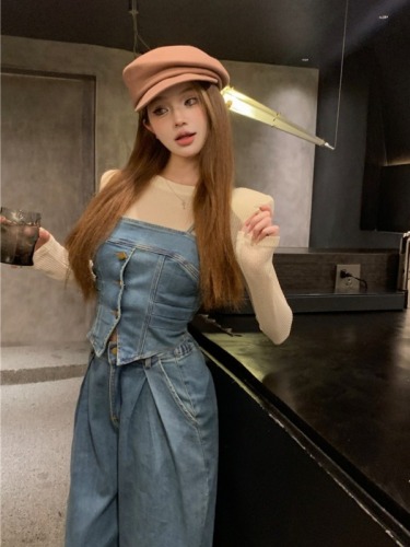 Real shot!  Korean style loose high waist jeans trousers denim vest suspender suit