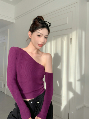 Real shot of chic design with sloping shoulders, slim fit, purple sweater, base layer, knitted top