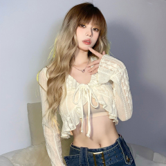 Sun protection blouse for women, thin cardigan, small outer layer, lace hook ruffle, short shawl, summer with suspender skirt