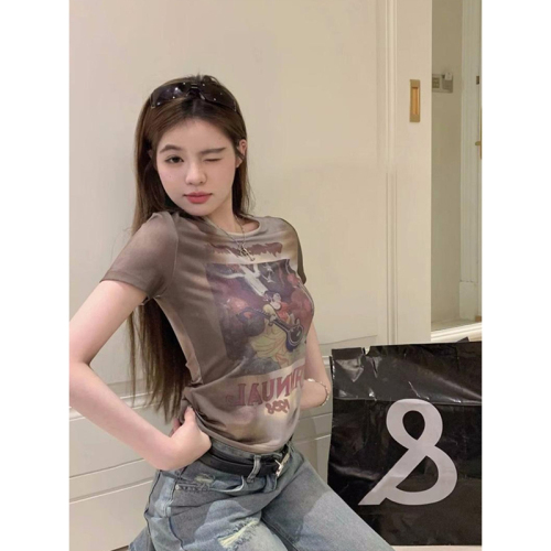 Official picture 95 polyester fiber 5 spandex round neck T-shirt for women new creative blooming printed slim summer short-sleeved top