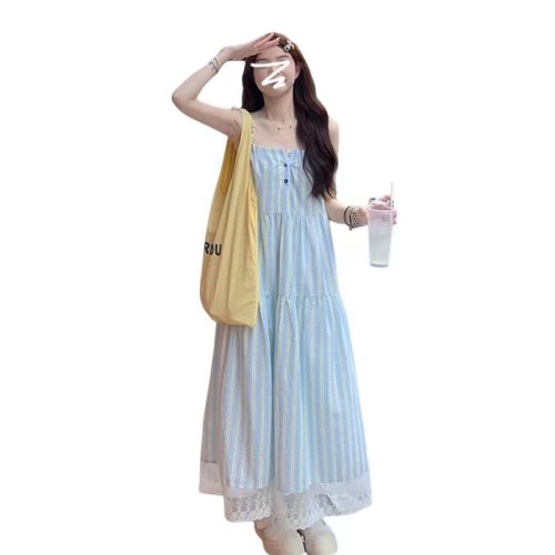 French blue striped lace suspender dress for women 2024 summer new design sleeveless temperament long dress