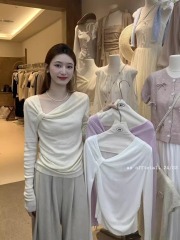 2024 spring and autumn new smocked irregular design niche thin knitted sweater women's long-sleeved top