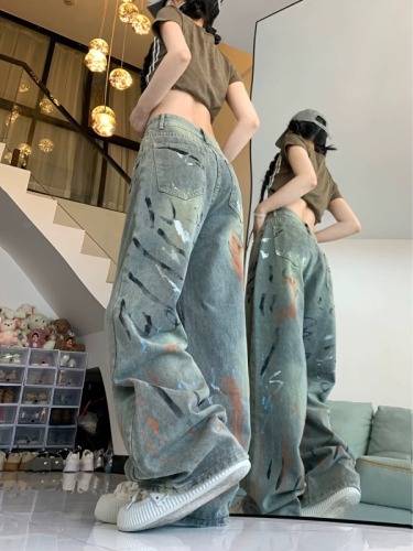 American retro ink-washed wide-leg jeans for women 2024 summer niche high-waist slim straight long pants trendy