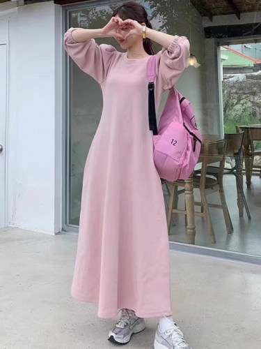 Korean chic autumn minimalist round neck double pocket waist slimming puff sleeve long sweatshirt dress...