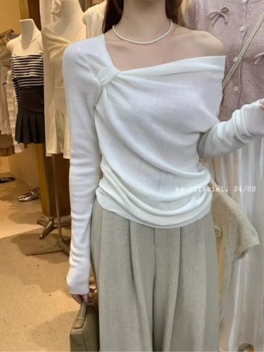 2024 spring and autumn new smocked irregular design niche thin knitted sweater women's long-sleeved top