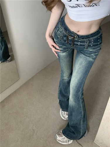 Real shot!  American retro jeans for women with design wide belt and decorative hottie bell bottoms