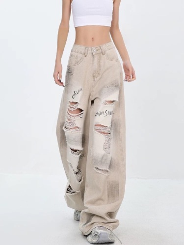 KEN STUDIO new summer style American street graffiti ripped jeans women's straight washed wide leg floor mopping pants