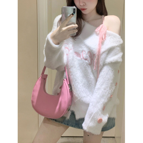 One-word slanted shoulder letter embroidered sweater for women spring and autumn outer wear design halter neck strap sweet first love knitted top