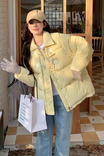 Milk fufu yellow short down jacket for women 2024 new style Korean college style horn button fashion jacket