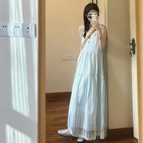 French blue striped lace suspender dress for women 2024 summer new design sleeveless temperament long dress