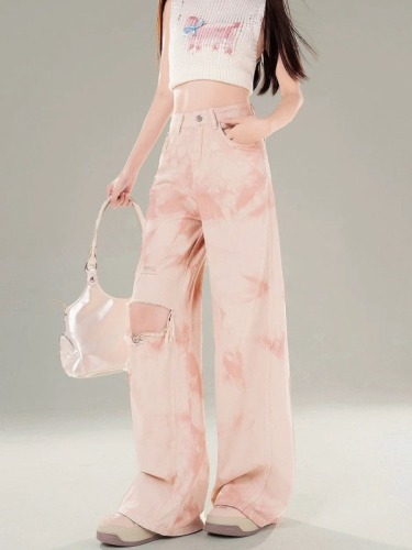 Pink high street wide leg ripped jeans for women summer tie dye new high waist loose floor mopping pants