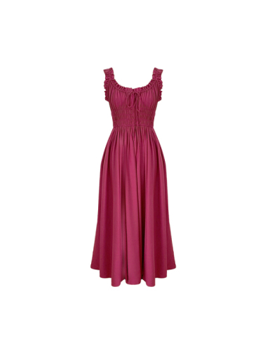 Retro rose red U-neck suspender long skirt, pleated waist slimming dress with full swing