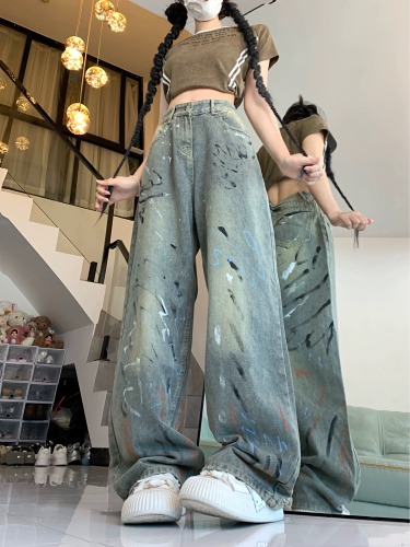 American retro ink-washed wide-leg jeans for women 2024 summer niche high-waist slim straight long pants trendy