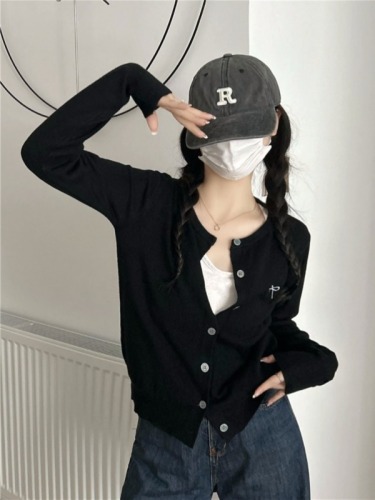 Actual shot~Early autumn versatile and stylish slimming embroidered bow knitted long-sleeved cardigan jacket for women