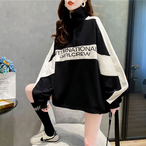 Official picture 25 cotton spring and autumn new Korean style stand collar zipper splicing pullover thin top for women