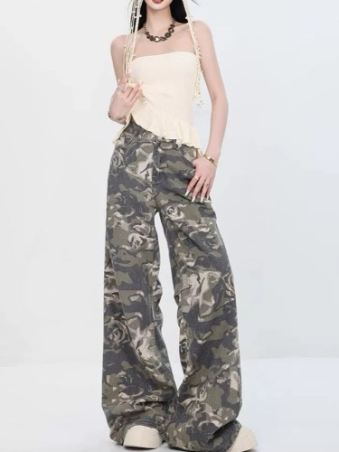 American Retro Camouflage Denim Wide Leg Pants Women's 2024 Summer New Loose Slim Versatile Casual Floor-Mopping Pants Thin