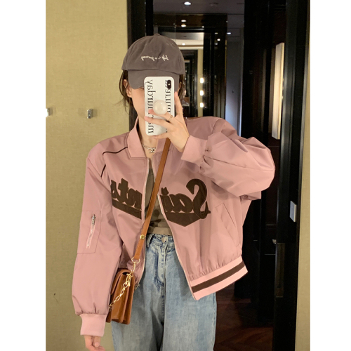 Autumn and winter 2024 new fashion casual letter embroidery splicing baseball uniform loose stand-up collar jacket women's fashion trend