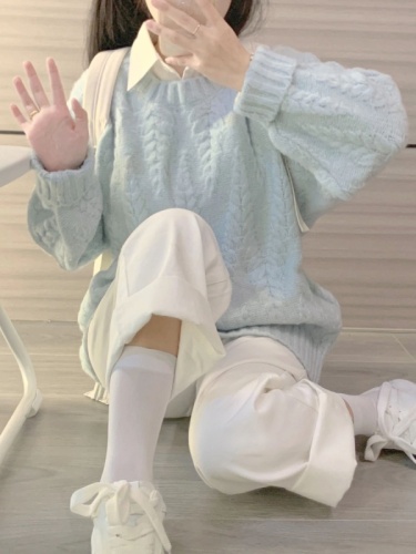 Lavender Blue Lazy Style Crochet Cardigan for Women - Autumn/Winter 2024 New Arrival Thickened High-End V-Neck Knit Top