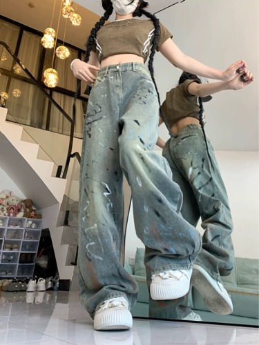 American retro ink-washed wide-leg jeans for women 2024 summer niche high-waist slim straight long pants trendy