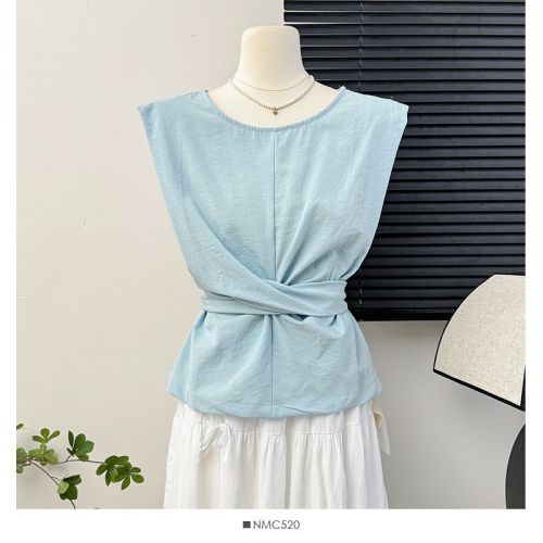 Temperament lace-up waist slimming sleeveless vest for women summer niche design pleated top