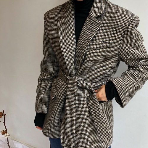 Korean chic autumn and winter retro suit collar tie waist cardigan loose houndstooth woolen jacket women#