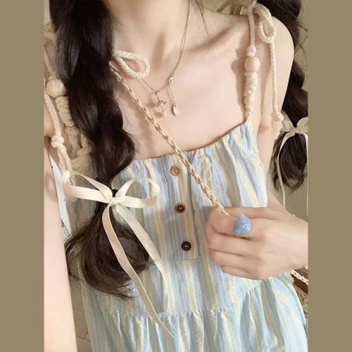 French First Love Blue Suspender Dress Women's Summer 2024 New Small Seaside Resort Style Beach Long Dress