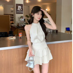 Chic High-End Set French Satin V-Neck Sleeveless Top for Women Summer Skirt Two-Piece Set