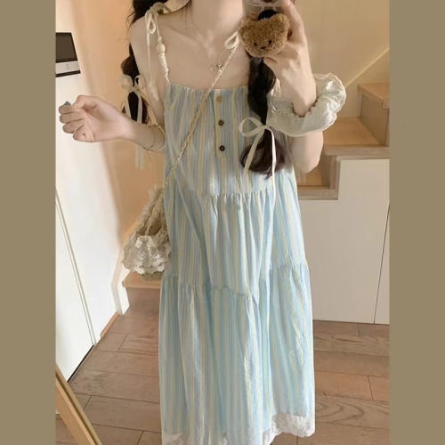 French First Love Blue Suspender Dress Women's Summer 2024 New Small Seaside Resort Style Beach Long Dress