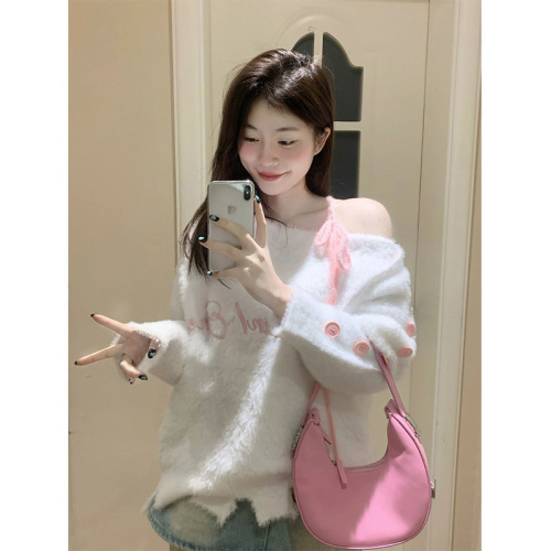 One-word slanted shoulder letter embroidered sweater for women spring and autumn outer wear design halter neck strap sweet first love knitted top