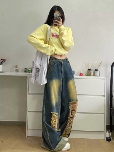 American retro washed distressed ripped jeans for women, high street, loose and slim, straight wide-leg floor-length trousers