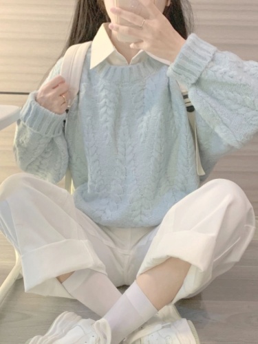 Lavender Blue Lazy Style Crochet Cardigan for Women - Autumn/Winter 2024 New Arrival Thickened High-End V-Neck Knit Top