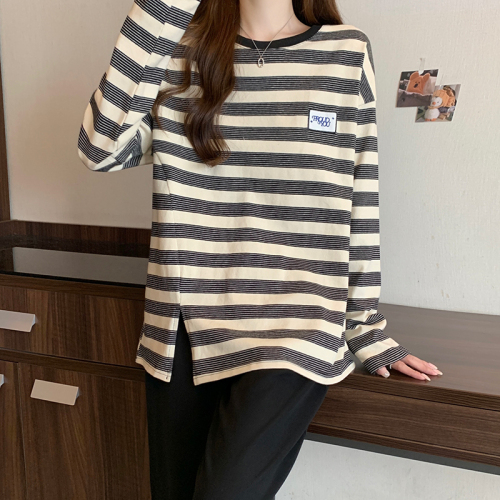 Real shot of pure cotton striped sweatshirt for women in spring and autumn thin trendy round neck long-sleeved T-shirt tops for women plus size 200 pounds