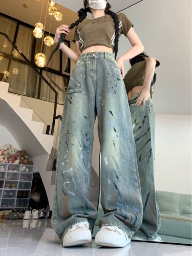 American retro ink-washed wide-leg jeans for women 2024 summer niche high-waist slim straight long pants trendy