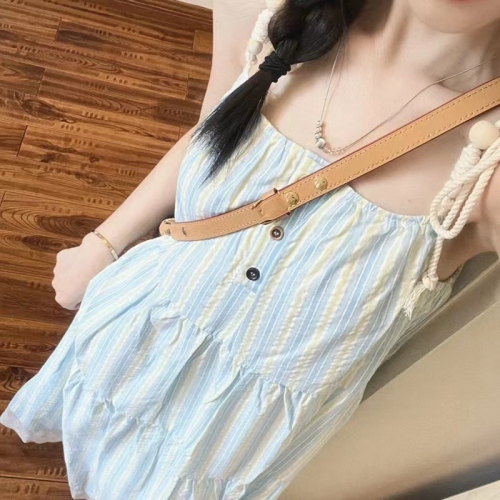 French blue striped lace suspender dress for women 2024 summer new design sleeveless temperament long dress