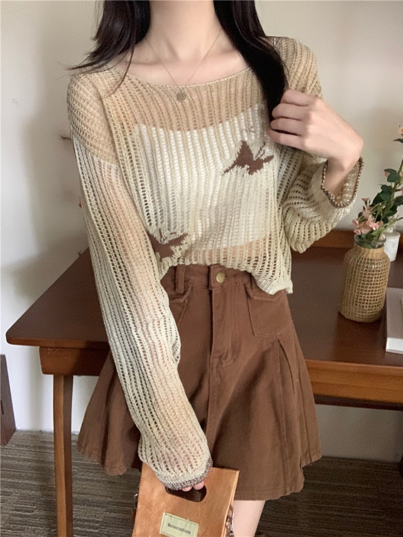 實拍 真 夏季休閒鏤空漸變針織衫長袖防曬衫上衣女