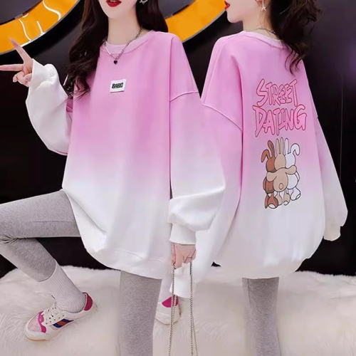 Official photo twill pull frame 2024 spring and autumn thin style lazy style gradient round neck sweatshirt trend