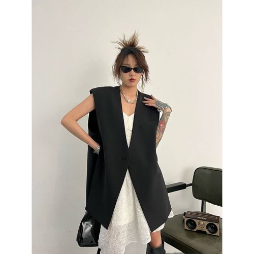 New ins trendy design Korean style loose sleeveless collarless suit vest vest for women trendy