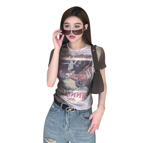 Official picture 95 polyester fiber 5 spandex round neck T-shirt for women new creative blooming printed slim summer short-sleeved top